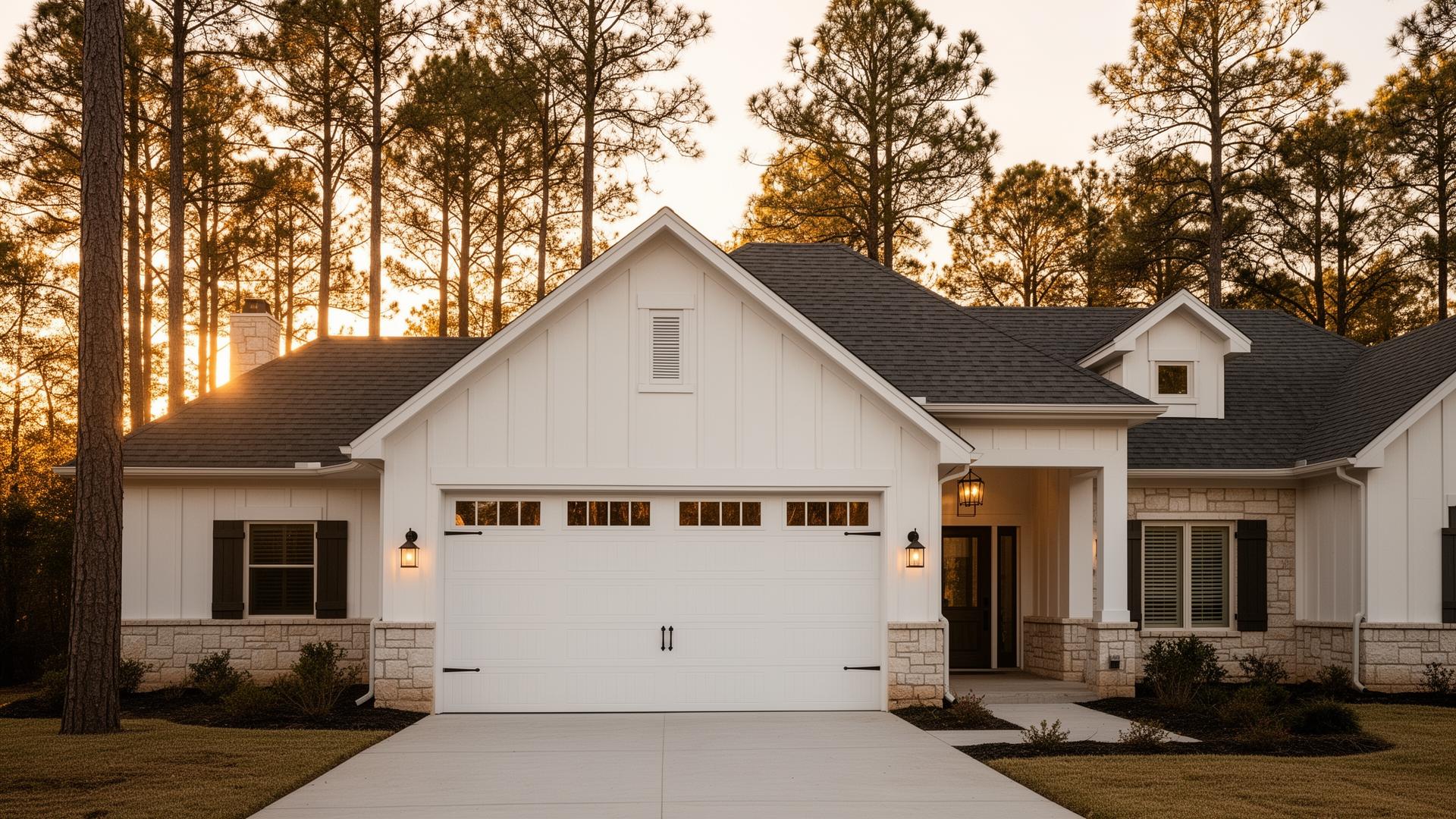A beautiful Texas home with a new white carriage-style garage door at golden hour